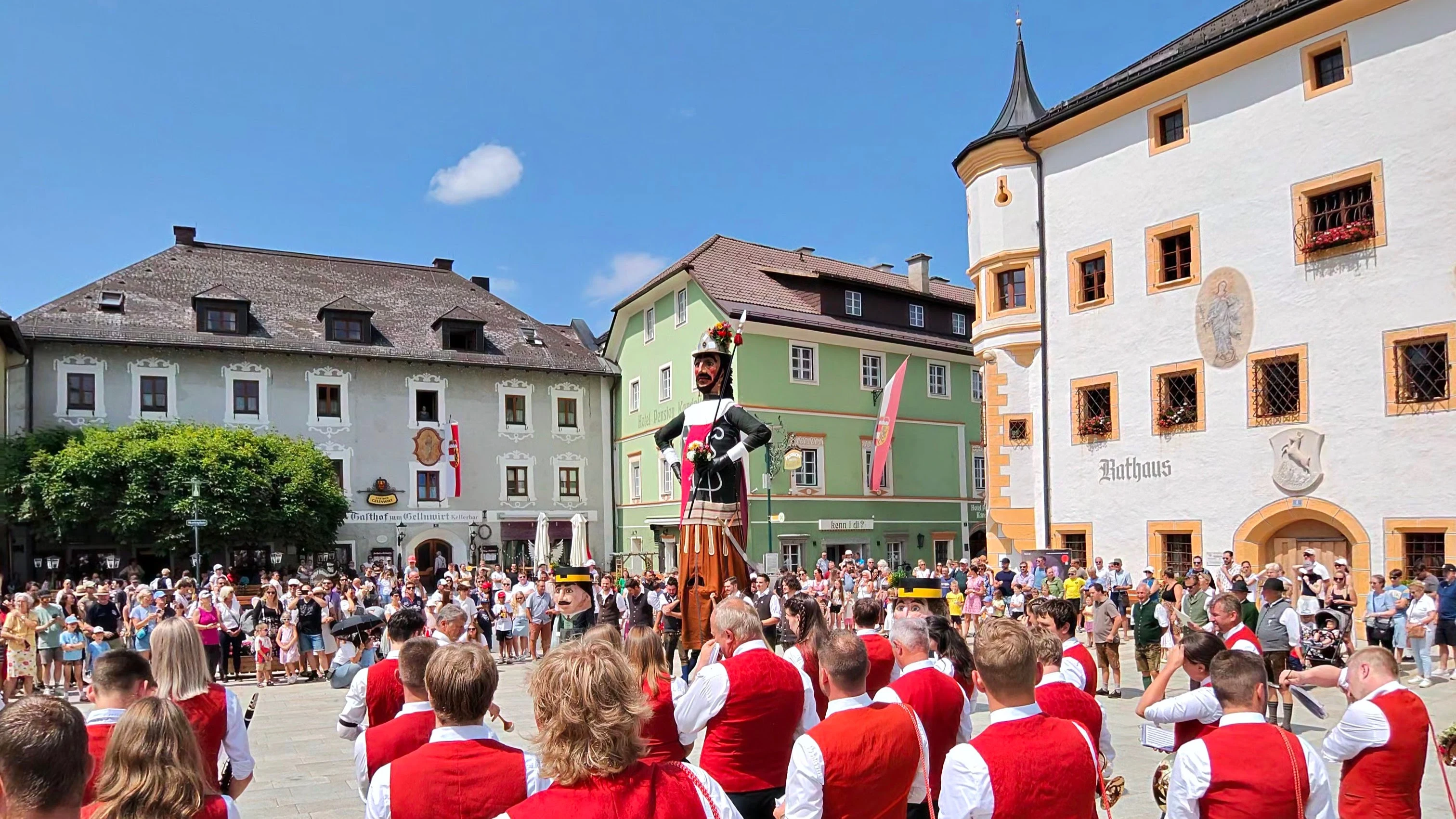 Samson giant in procession on Tamsweg town square during a local festival
