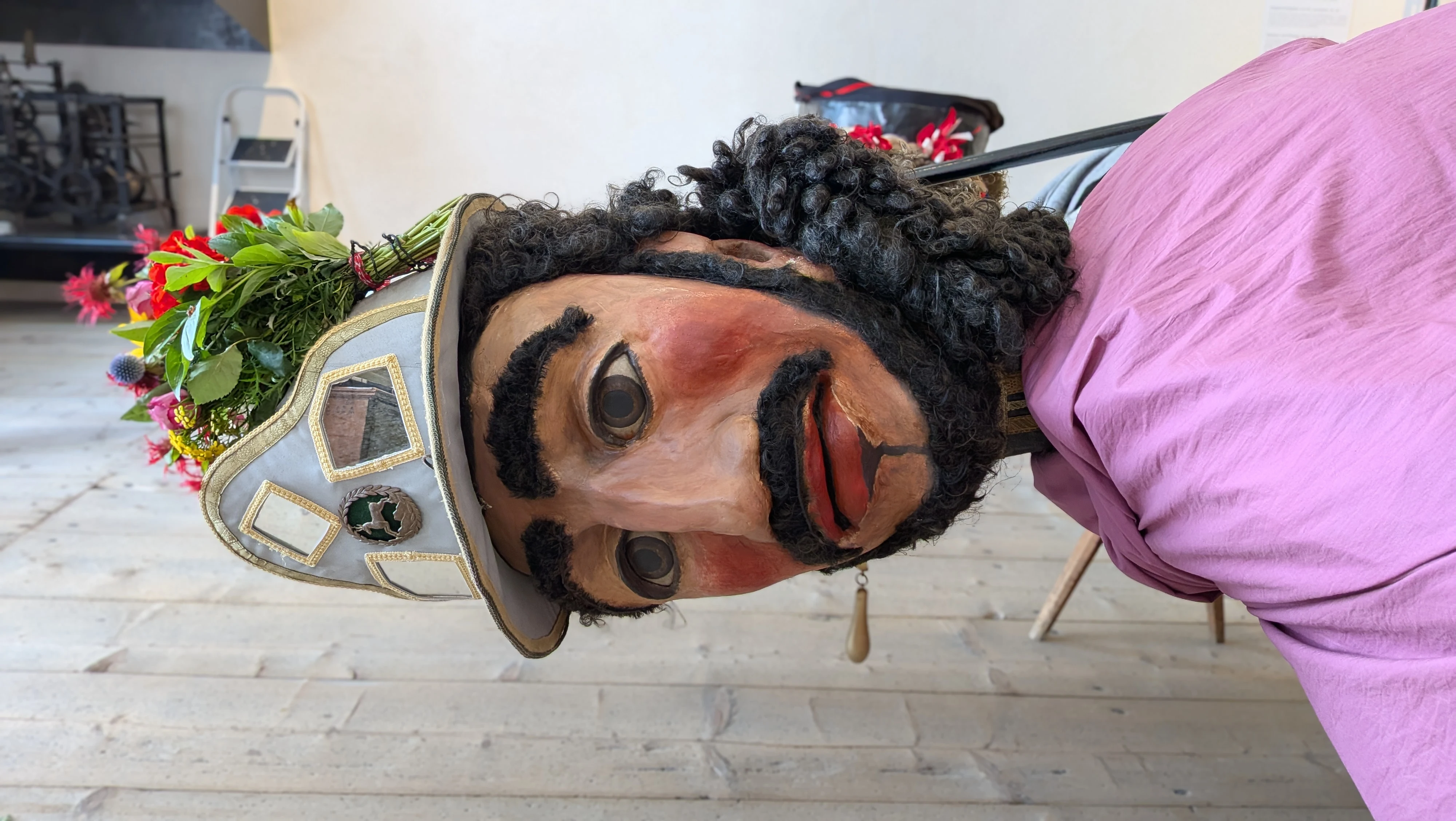 Close-up view of the Samson figure headpiece during Tamsweg festival