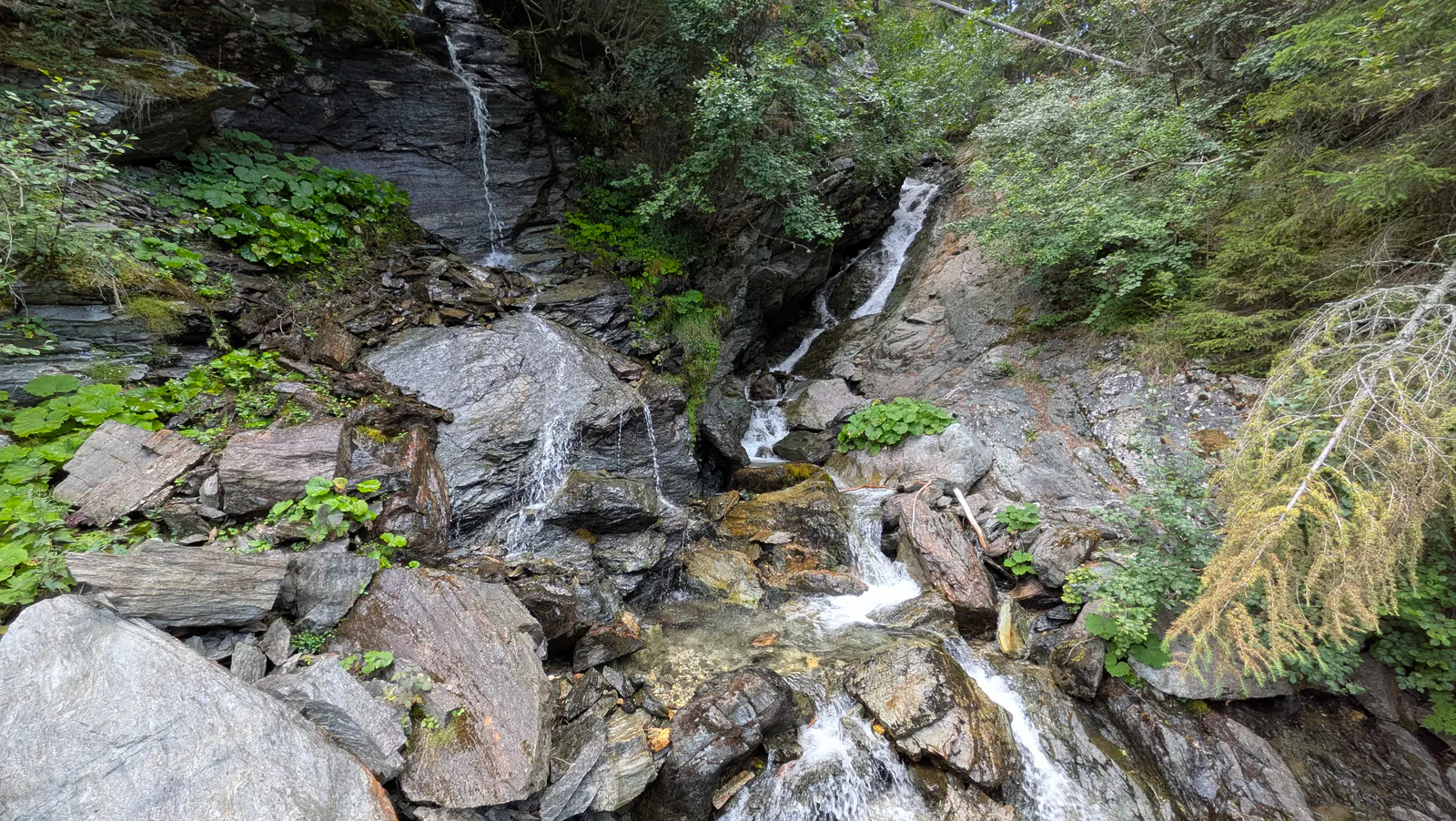 Rocky forest cascade feeding the Longa mountain stream in the Weisspriachtal valley